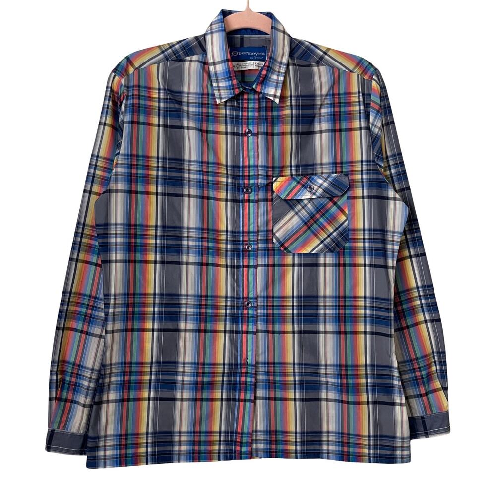 Vintage Obermeyer Top Womens Medium Blue Madras Plaid Nylon Shirt‎ Retro Outdoor